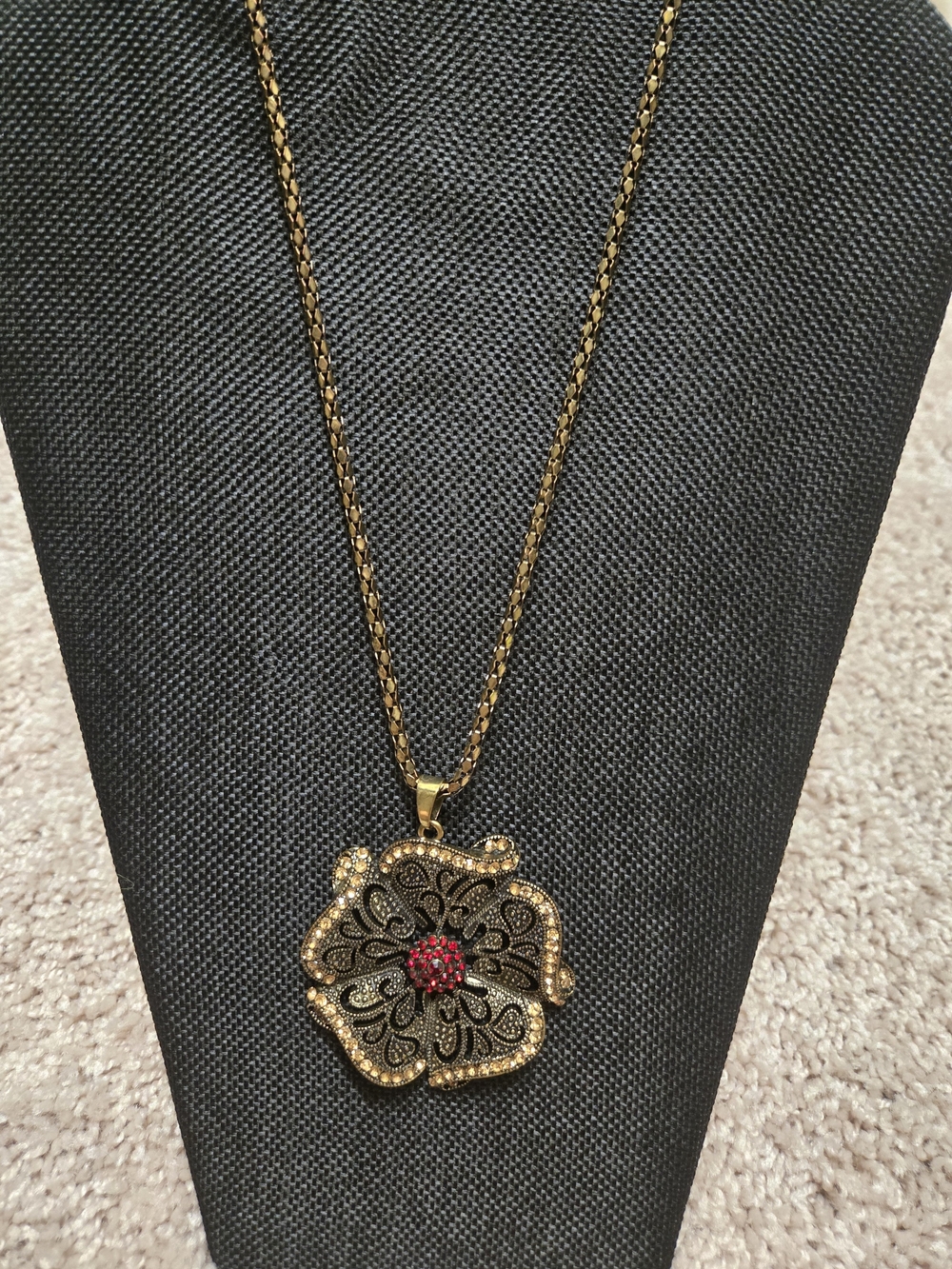 Vintage Turkish Inspired Ornate Floral Red Rhinestone Pendant Necklace